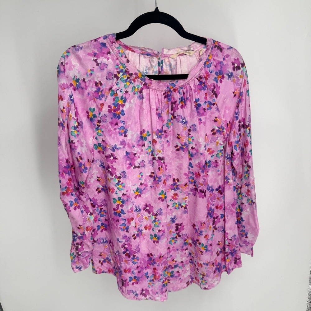 Soft Surroundings Pink Floral Watercolor Ruched Tie Sleeve Blouse M Top 2DZ28